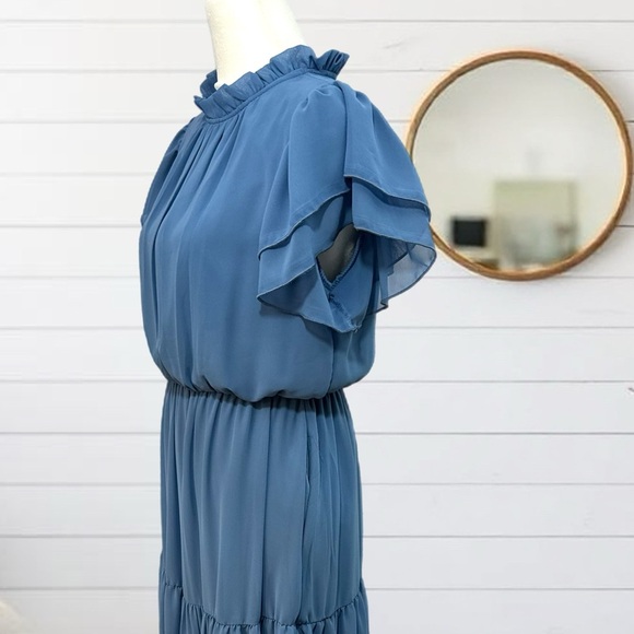 HAPTICS Coastal Blue Maxi Dress Side Pockets Ruffle Short Sleeve Spring Summer - Picture 13 of 14